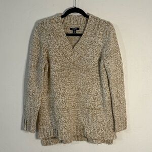 Chaps Sweater Women L Tan White Marled Metallic Gold Accent V-Neck Soft Cozy